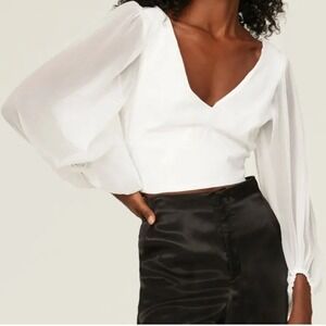 Hutch Chiffon Crop Top Women's M White Balloon Sleeve Open Back Tie EUC Blouse